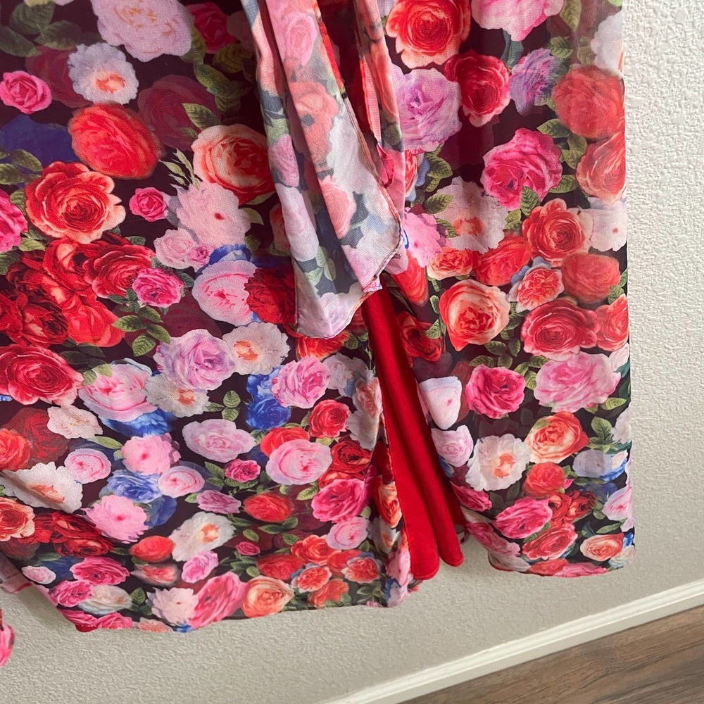 Ieena for MacDuggal 4 Puff Sleeve Shift Dress Red Floral Side Slit V Neck - Picture 4 of 9